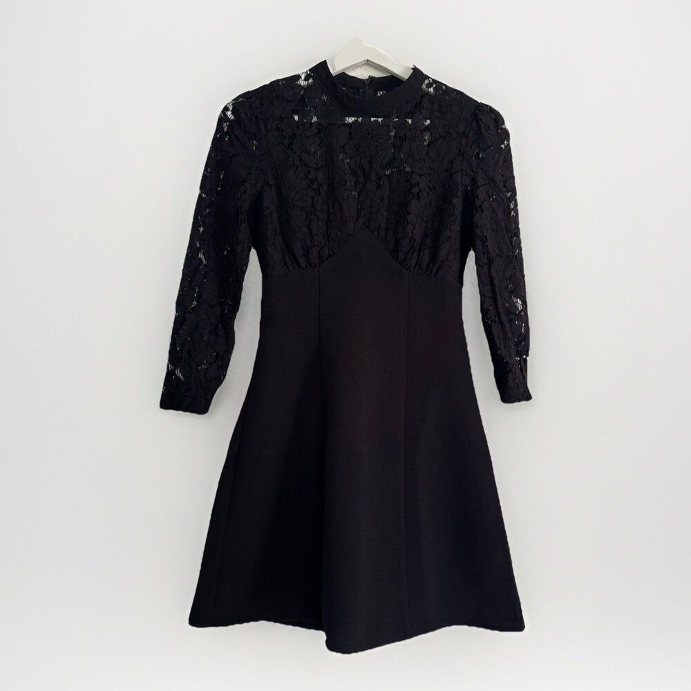 ASOS Mini Dress Black Sz 0 High Neck Skate Lace Insert & Lace Sleeves Stretch - Picture 12 of 16